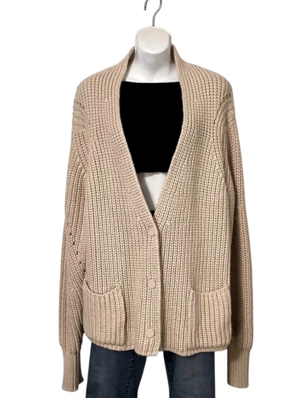 MM&CO. Womens Chunky Cable Knit Beige Gray Button Down V Neck Cardigan Sweater M
